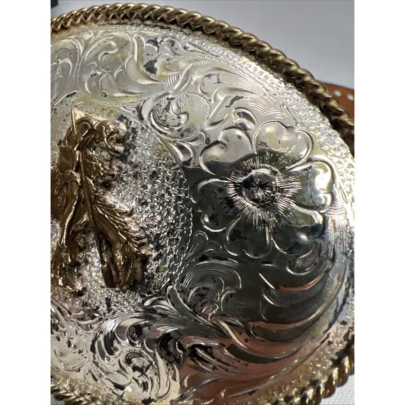 Silver Plated “END OF THE TRAIL” Indian Art Southwestern Belt Buckle Tooled Belt - Picture 5 of 11